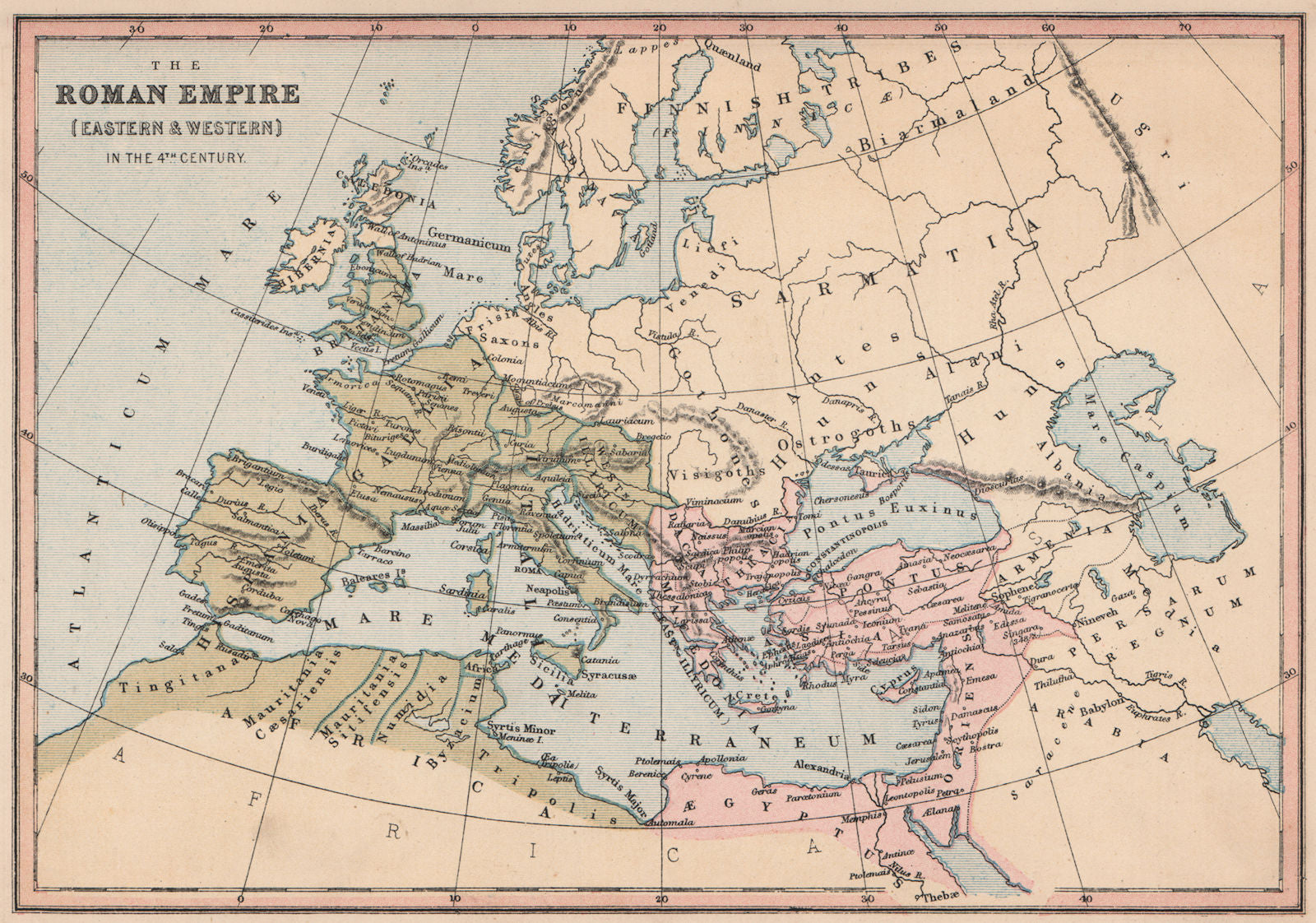 4TH CENTURY EUROPE. The Roman Empire (Eastern & Western) . COLLINS 1880 map